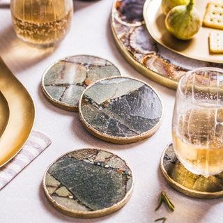 Moss Agate Round Coasters With Gold Trim Edges