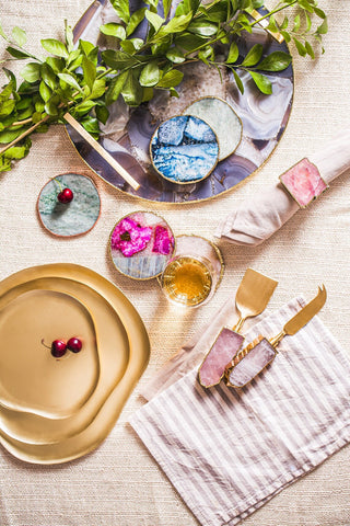 Pink Agate Round Coaster Set - Gold Trim Edges